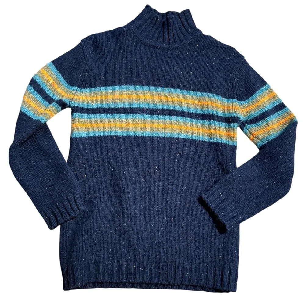 VTG J. CREW 100% Shetland Wool Black Stripe Mock Neck Sweater - Size S